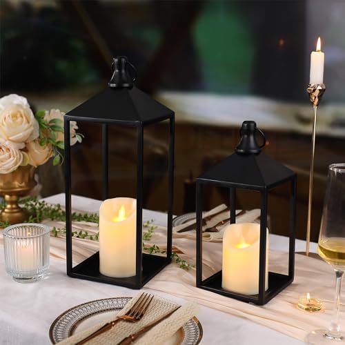 2 Pcs Black Decorative Metal Lanterns Farmhouse Lantern Decor with Candles