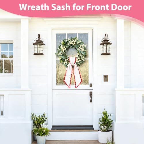 Wreath Sash for Front Door, 2 pcs Scalloped Wreath Ribbon for Porch