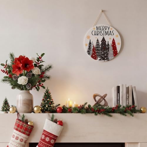 Smile Merry Christmas Round Door Sign White Wreath Trees Gold Glitter Decor