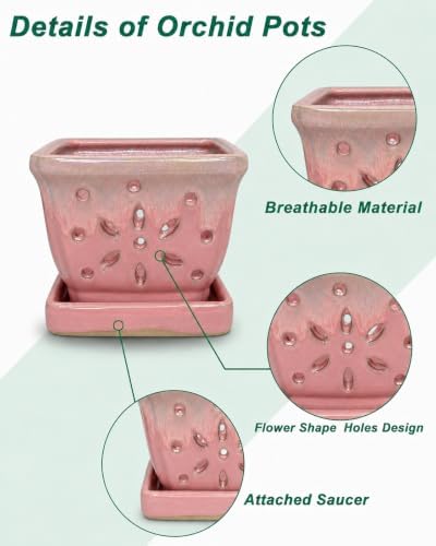 vensovo 5.5 Inch Rectangular Ceramic Orchid Pot with Holes, Pink