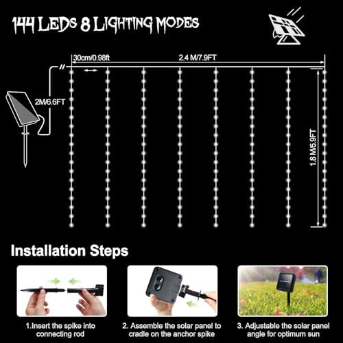7.9ft x 6ft Curtain Lights Solar with Timer, 144 LED Outdoor Curtain Lights