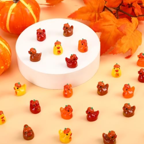 60Pcs Fall Mini Resin Ducks, Miniature Pumpkin Thanksgiving Ducks