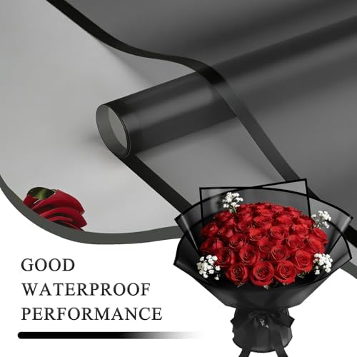 REAXYZNN 20 Sheets Flower Wrapping Paper - Waterproof Black Floral Wrapping Paper for DIY Crafts, Florist Supplies Packaging for Wedding Birthday Gift (Translucent Black)