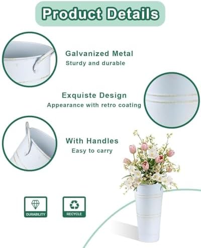 9 Inch Galvanized Flower Bucket, 6 Pack Tabletop Vases for Dried Flowers