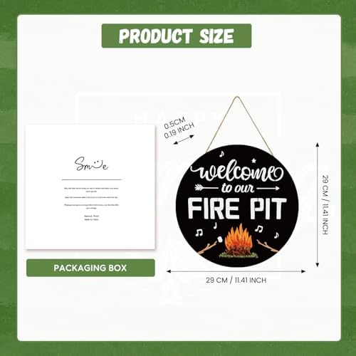 Smile Camping Wooden Round Door Hanger, Welcome to Our Fire Pit Campfire Music Note Arrow Door Sign for Outdoor Patio Porch Backyard Home Decorations
