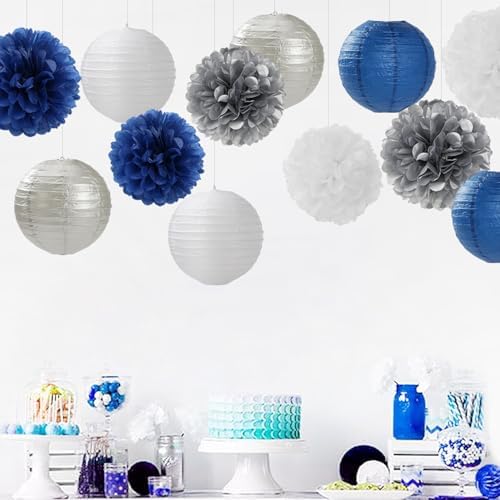 Navy-Blue Silver Party-Decorations Paper-Flowers Lanterns - 15PCS Birthday Royal White Wedding Tissue Pom Poms Streamers,Baby Bridal Shower Bachelorette Graduation Hanging Supplies Decor Hugfond