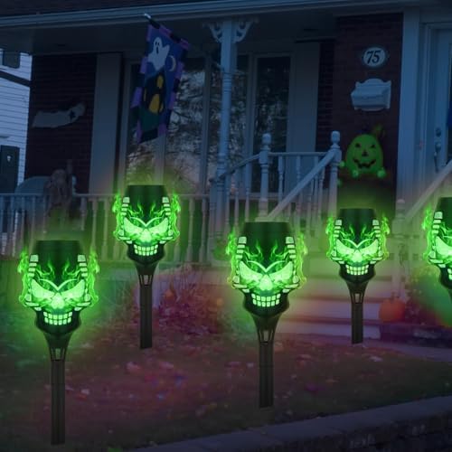 8 Pack Solar Halloween Lights Outdoor, Green Skull Torch Lights