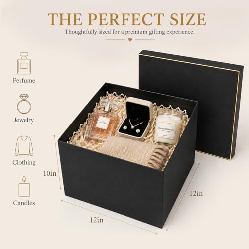 12x12x10in Empty Square Gift Box with Lid, Tall Matte Black Big Gift Box