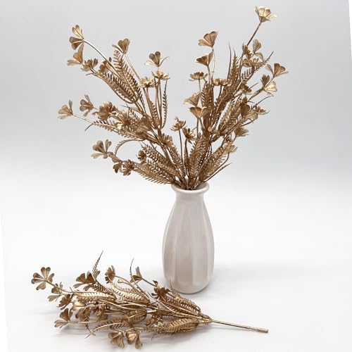 PASYOU Gold Fake Flowers Artificial Shrubs for Christmas Decor, Plastic Plants Faux Leaves Stems Grass Foliage Home Wreath Ornaments Party Hotel Wedding Event Gift DIY Tree Decoration Golden 10 Pack