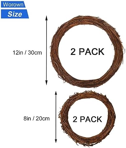 Worown 4 Pcs (8 & 12 Inch) Natural Grapevine Wreaths, Vine Branch Wreath, Rattan Wreath for DIY Christmas Craft, Front Door Wall Hanging, Wedding and Party Decors