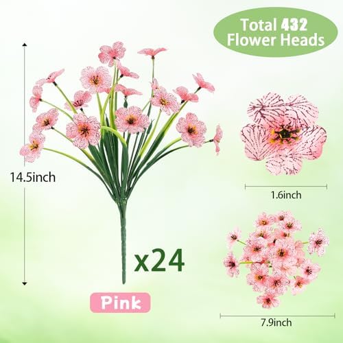 24 Bundles Pink Artificial Flowers for Outdoors, UV Resistant Faux Plants