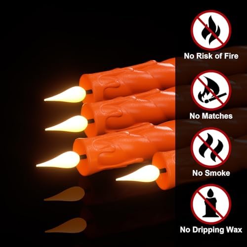 Orange Flameless Taper Candles Battery Operated with Remote Timer