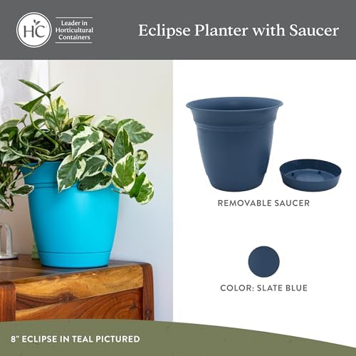 The HC Companies Eclipse Round Planter with Saucer - Outdoor & Indoor Plant Pot with Drainage Holes - Lightweight, UV-Resistant Plastic Pots for Plants, Flowers & Herbs (6" Slate Blue, Pack of 1)