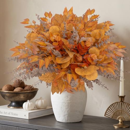 lovemoon 130 Pcs Fall Mixed Greenery Artificial Eucalyptus Stems, Orange