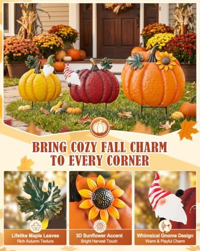 Outdoor Fall Pumpkin Decorations – 34.6" Metal Garden Stakes with 3 Stacked Pumpkins, Decorative Autumn Yard Signs for Porch Garden Lawn & Thanksgiving Decor