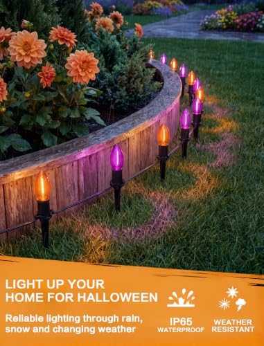 SUNSGNE Halloween Pathway Lights, 19.5Ft Halloween Stake Lights with 10 Count C9 LED Orange and Purple Bulbs for Lawn Yard Sidewalk Garden Decoration