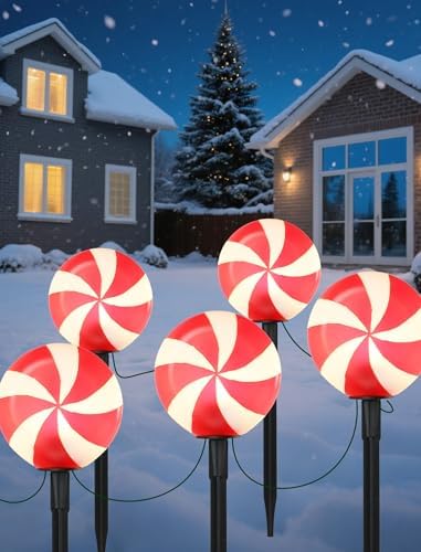 Set of 5 Large Christmas Candy Cane Yard Stakes, Professional-Grade Outdoor Peppermint Decorations with C7 LED Lights, Heavy-Duty Holiday Light Stakes for Walkway, Lawn & Driveway