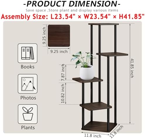 AZERPIAN 5 Tier Tall Plant Stand Indoor Corner Tiered Shelf Metal MDF Board