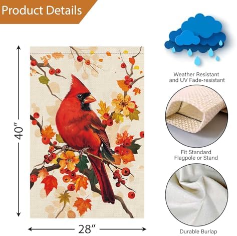 Louise Maelys Fall Cardinal Garden Flag Maple Bird 28x40 Inch Double Sided Welcome Seasonal Autumn Large Burlap Thaksgiving Holiday Yard Sign Outside Outdoor House Decoration