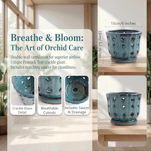 6 Inch Ceramic Orchid Pot with Holes, Ocean Blue