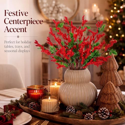 Yinder 6 Pcs 22 Inch Christmas Artificial Red Berry Stems