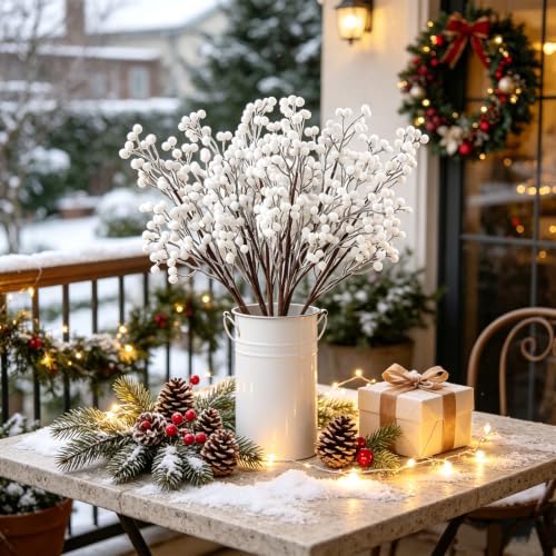 Fangoo Artificial Red Berry Stems, 6 PCS, 19.7 Inch, Burgundy Holly Berry Picks Branches for Christmas Tree, Wedding, Holiday Winter Decor (White)