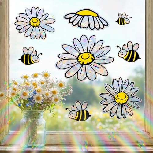 16 Pcs Window Decals to Prevent Bird Strikes- Anti-Collision Window Stickers for Birds, Summer Bee Sunflower Rainbow Prism Window Clings, No Glue Reusable Window Alert Decals for Bird Strikes