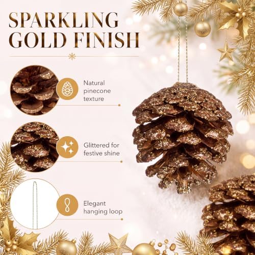 24 Pcs Gold Glitter Pine Cones Ornament for Christmas Tree Hanging Decor