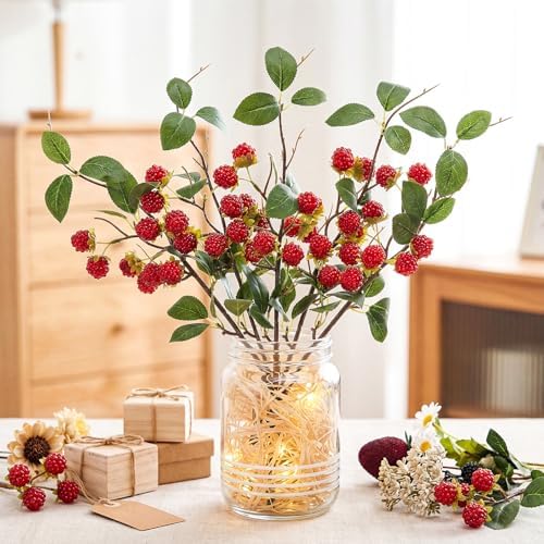 XunYee 6 Pack Light Red Artificial Raspberry Plant Stems 15'' Faux Raspberries Branches Fake Simulated Berry Bouquet Picks for Vase Filler Indoor Home Farmhouse Table Centerpieces Decor