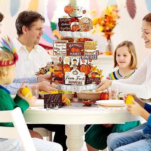 FairySandy 14 Pcs Fall Tiered Tray Decorations Set Rustic Fall Thanksgiving Pumpkin Tiered Tray Decor Farmhouse Pumpkin Truck Spice Blocks Autumn Winter Wooden Sign for Christmas Halloween