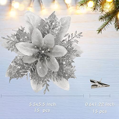 15 PCS Silver Poinsettia Flower Artificial Poinsettia with Clips Christmas Decor Glitter Poinsettia Christmas Ornaments Christmas Tree Flower Decoration with Stems DIY Xmas Wreath Holiday Party Decor