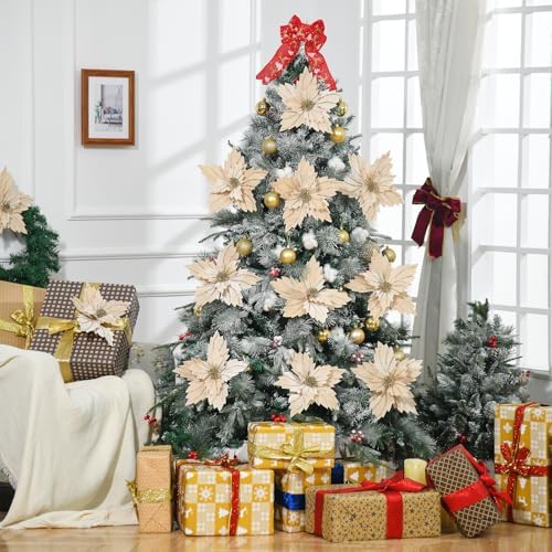 6 Pcs 12" Large Glitter Poinsettia Artificial Christmas Flowers with Stems Xmas Tree Wreath Ornaments New Year Home Wedding Party Decor (Champagne)