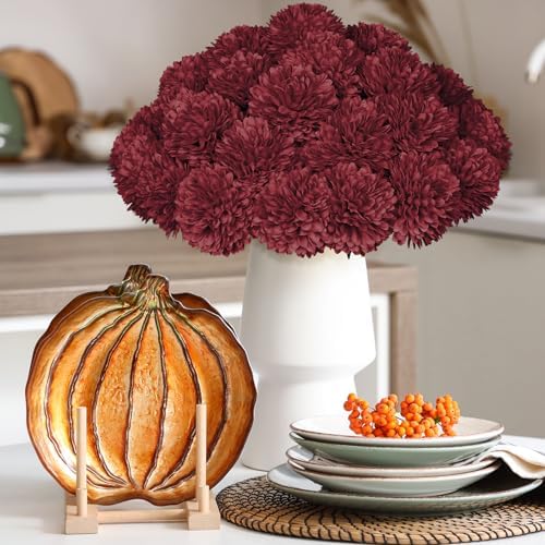 36 Pcs Burgundy Artificial Chrysanthemums Flowers Red Fake Mums Silk Ball Flowers for Fall Home Decor Wedding Table Centerpiece Christmas Floral Arrangements (Burgundy)