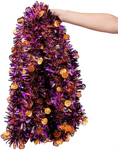 33ft Halloween Tinsel Garland, Metallic Twisted Tinsel Garland Pumpkin Hanging Garland Decoration for Home Tree Fireplace Mantle Home Party Decor