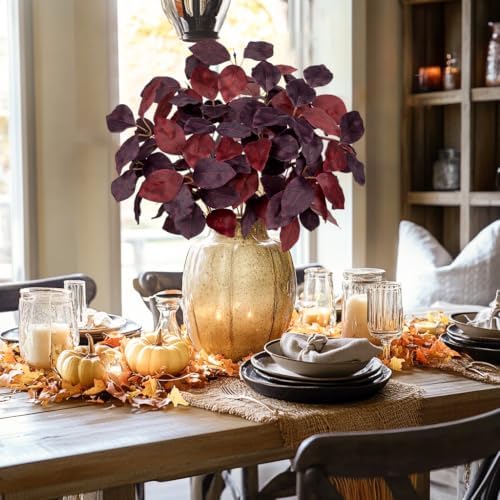 Briful 3 PCS Fall Leaves Artificial Magnolia Leaf Bush, 15" Burgundy Autumn Fake Greenery Picks for Vase Floral Arrangement Kitchen Table Home Fall Decoration