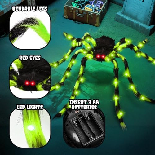 Thuodo 59" Giant Halloween Light Up Spider, Green Glowing Hairy Spider