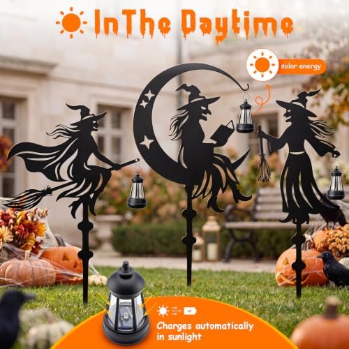 KODIBO Halloween Decor 3-Pack Metal Witch Yard Stakes with Solar Lanterns
