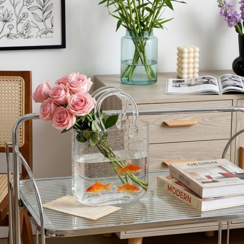 Noamus Purse Vase for Flowers, Unique Clear Glass Bag Vases with Handle, Handbag Shape Flower Vase Fish Bowl, Wide Mouth Bubble Vases for Wedding Birthday Centerpieces, Home Garden Decor(Transparent)