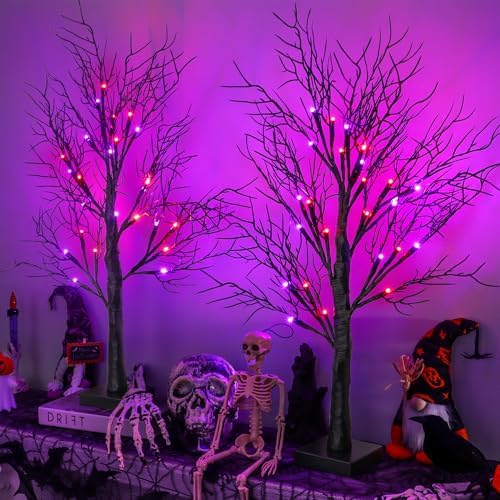 Halloween Decorations Indoor 2 Pack 24 Inch Black Halloween Tree with 48 Orange Purple Led Lights, Timer/USB/Battery Operated Lighted Tabletop Spooky Tree for Table Home Office Party Decor