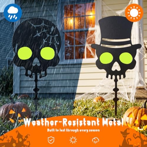 KODIBO Halloween Decorations Outdoor 3-Pack Metal Skull Garden Stakes