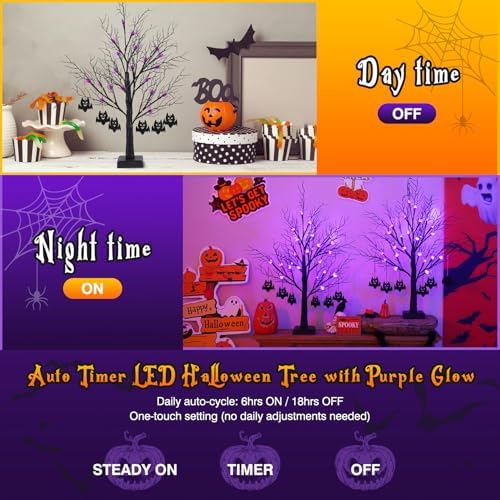 Black Halloween Spooky Trees - 2 Pack 2FT Halloween LED Light Up Tree with 40 Spiders 12 Bats, Auto Timer, Battery/USB Powered, Bendable Branches for Tabletop Indoor Outdoor Decor