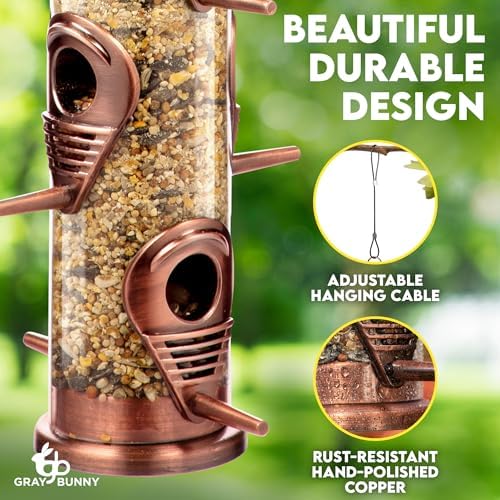 Gray Bunny Squirrel Proof Bird Feeders for Outdoors 6 Port Metal Tube