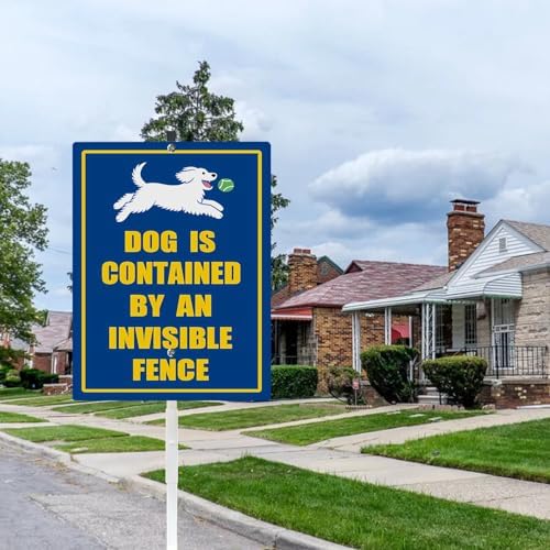 Dog Is Contained by An A Invisible Fence Yard Sign With Stake Reflective Aluminum Rustproof Attention Garden Lawn Dog Sign Stand For Home Garden Street Decorations Outdoor (8x12) IN