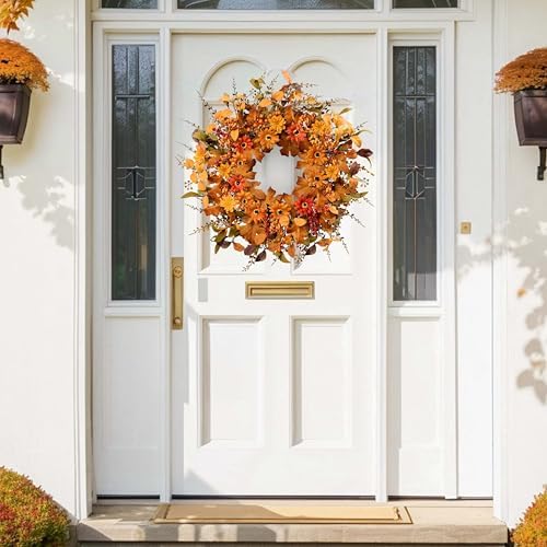 Artificial Fall Wreath 22 Inch Fall Wreaths for Front Door with Orange Berries Daisies Eucalyptus Leaves Autumn Door Wreaths for Thanksgiving Harvest Festival Wall Porch Farmhouse