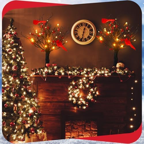 Realspring 2 Pcs Vintage Glowing Tree with Cardinals Christmas Lighted