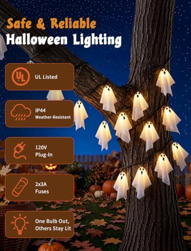 Halloween Ghost String Lights Outdoor, White Fabric Hanging Ghost Lights