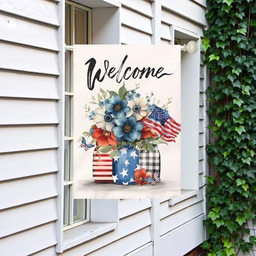Patriotic Fourth of July House Flag Welcome Red White and Blue Mason Jar Flowers Garden Flags American Flag Floral Farmhouse Outdoor for Independence Day Memorial Day Veterans Day 28 x 40 Inch