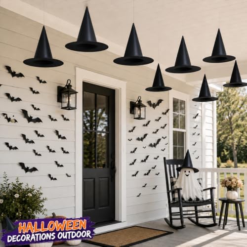 Tepoobea Halloween Decorations Black Witch Hats, 8 Pack Hanging Witches Hats & 32Pcs 3D Bats Halloween Decorations Outdoor Indoor