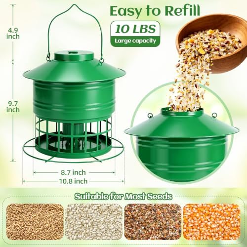 Bird Feeder for Outdoors, Squirrel Proof Bird Feeder for Outside 10LB Metal Caged Wild Bird Feeder with 32 Feeding Ports, Hanging Birdfeeder for Small Birds, Cardinals, Bluebirds, Finches (Green)