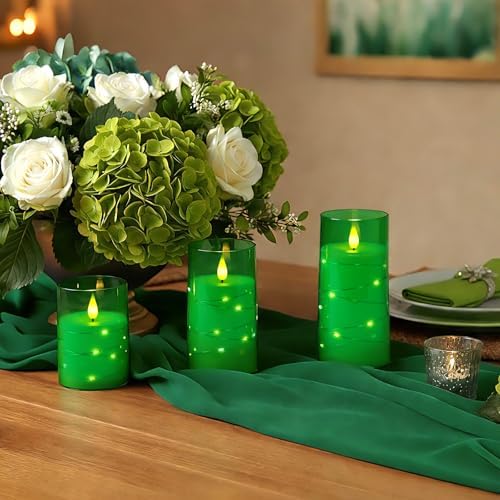Homemory Flickering Flameless Candles, Green LED Pillar Candles with Remote